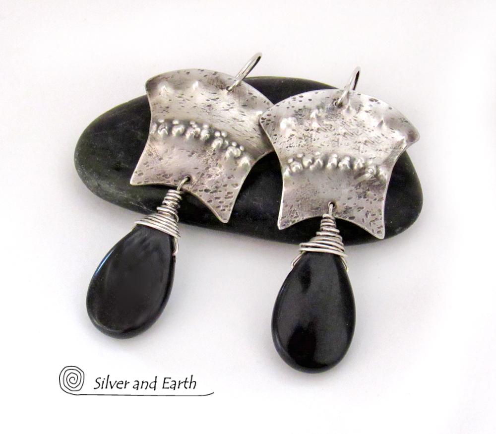 Bold Exotic Sterling Silver Earrings with Black Onyx Gemstones - Unique Handcrafted Artisan Jewelry