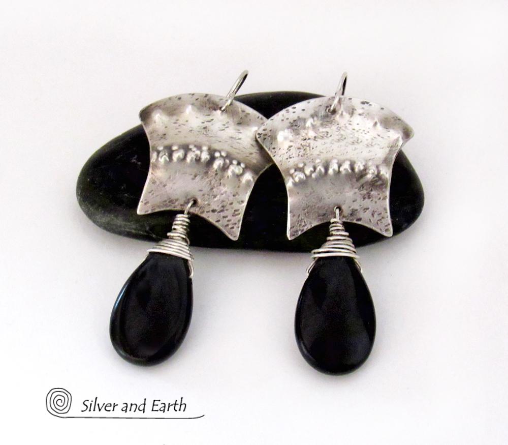 Bold Exotic Sterling Silver Earrings with Black Onyx Gemstones - Unique Handcrafted Artisan Jewelry