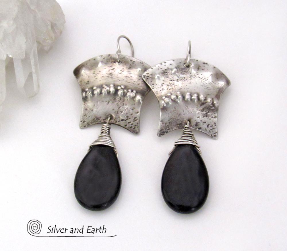 Bold Exotic Sterling Silver Earrings with Black Onyx Gemstones - Unique Handcrafted Artisan Jewelry