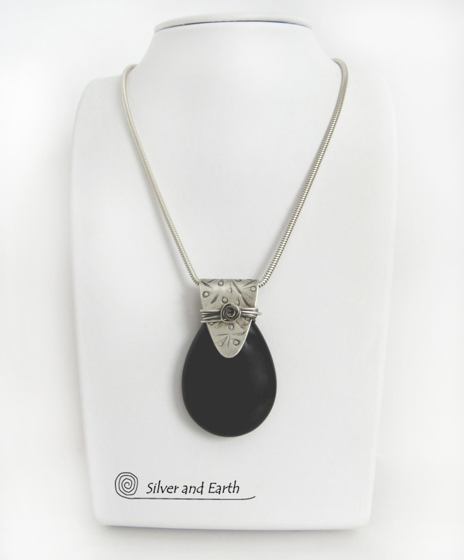 Black Onyx Sterling Silver Pendant Necklace - Contemporary Modern Gemstone Jewelry