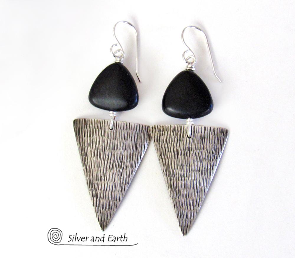 Sterling Silver Triangle Earrings with Black Onyx - Modern Silver Jewelry