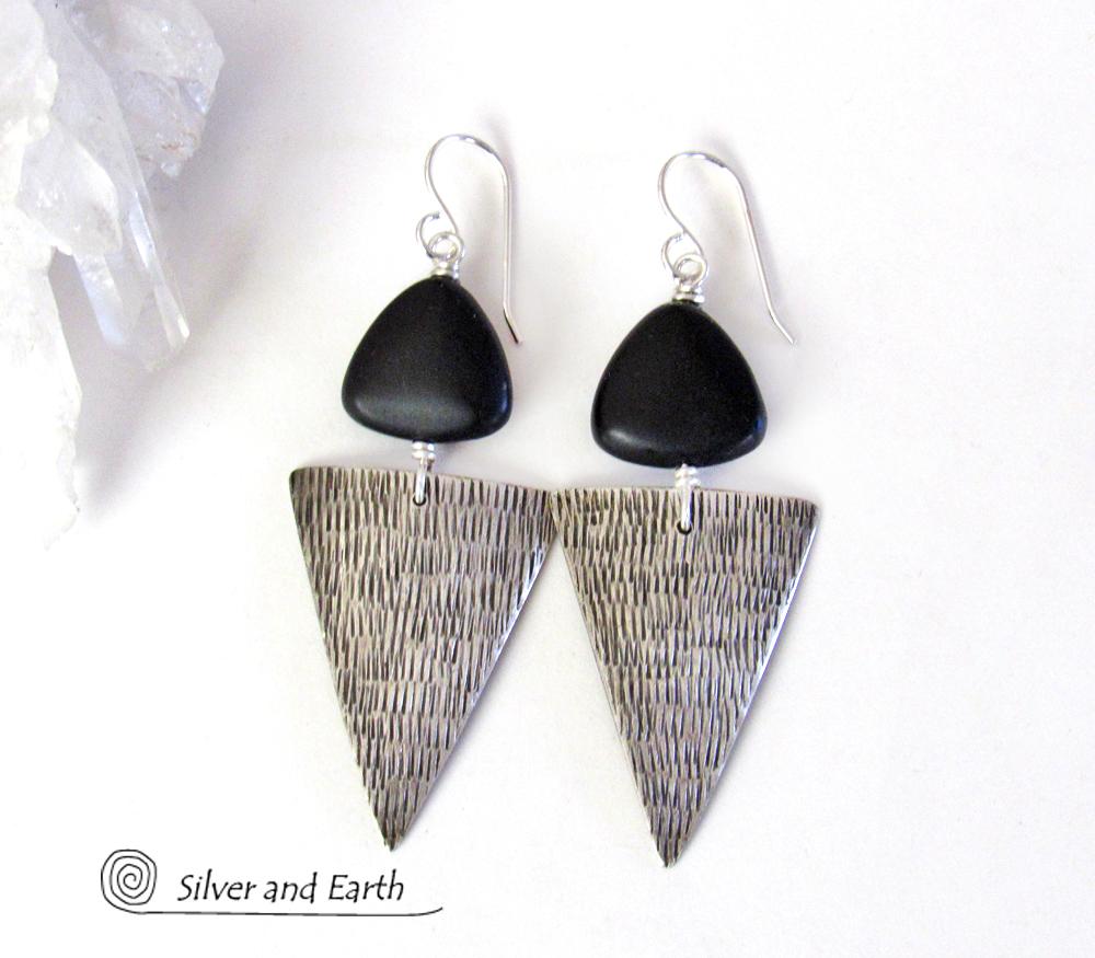 Sterling Silver Triangle Earrings with Black Onyx - Modern Silver Jewelry