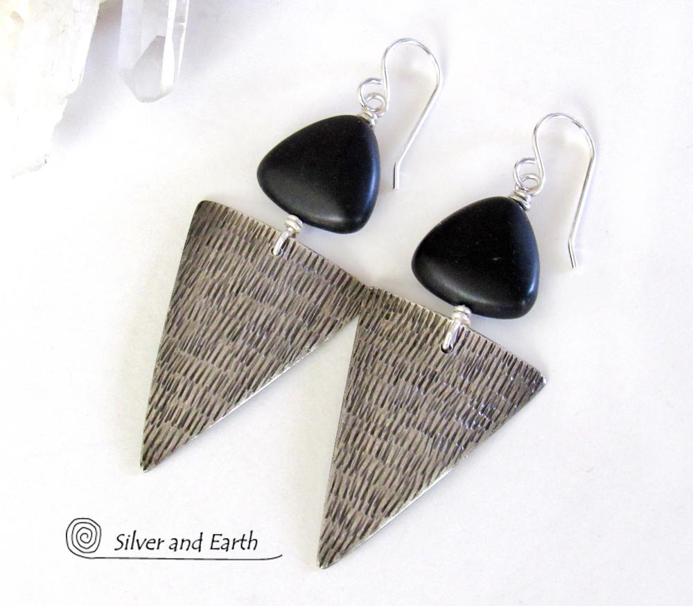 Sterling Silver Triangle Earrings with Black Onyx - Modern Silver Jewelry