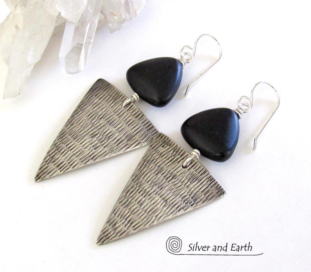 Sterling Silver Triangle Earrings with Black Onyx - Modern Silver Jewelry