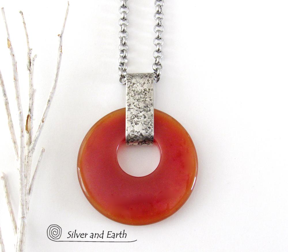 Orange Carnelian Sterling Silver Pendant Necklace - Earthy Modern Natural Gemstone Jewelry