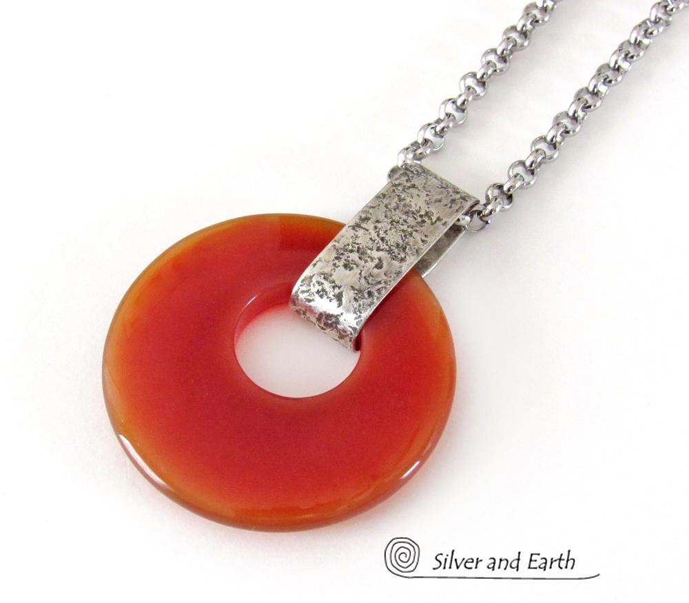 Orange Carnelian Sterling Silver Pendant Necklace - Earthy Modern Natural Gemstone Jewelry