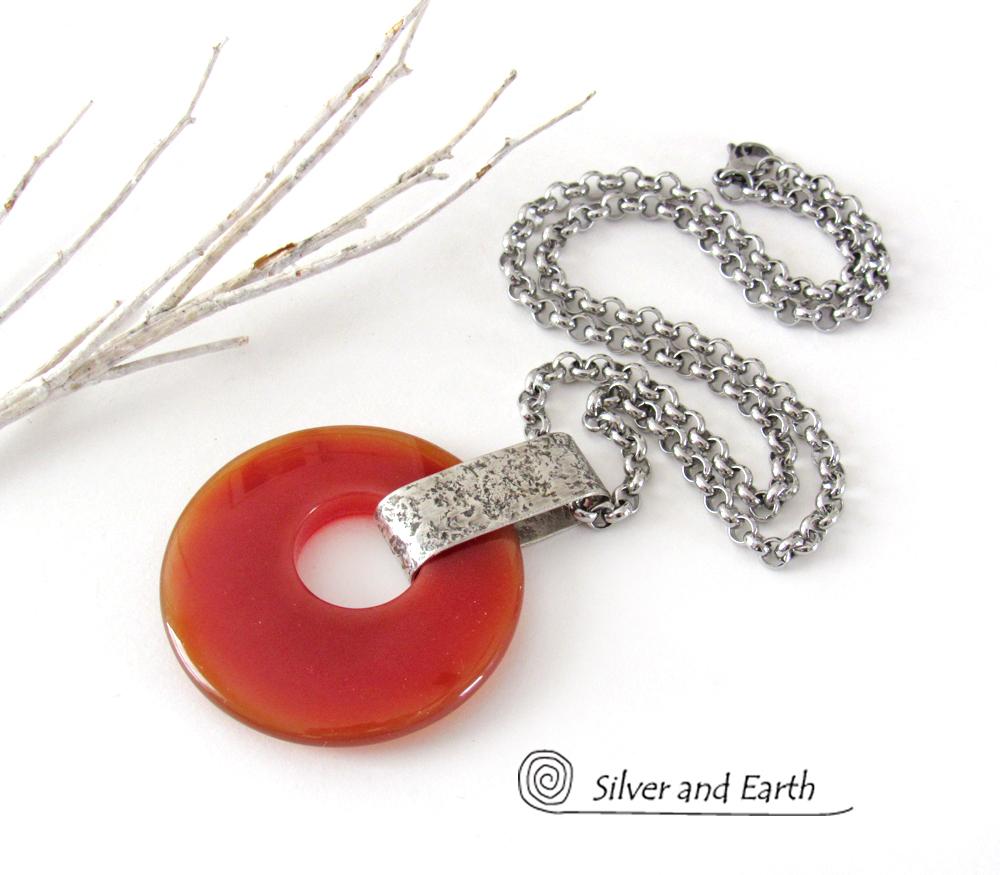 Orange Carnelian Sterling Silver Pendant Necklace - Earthy Modern Natural Gemstone Jewelry