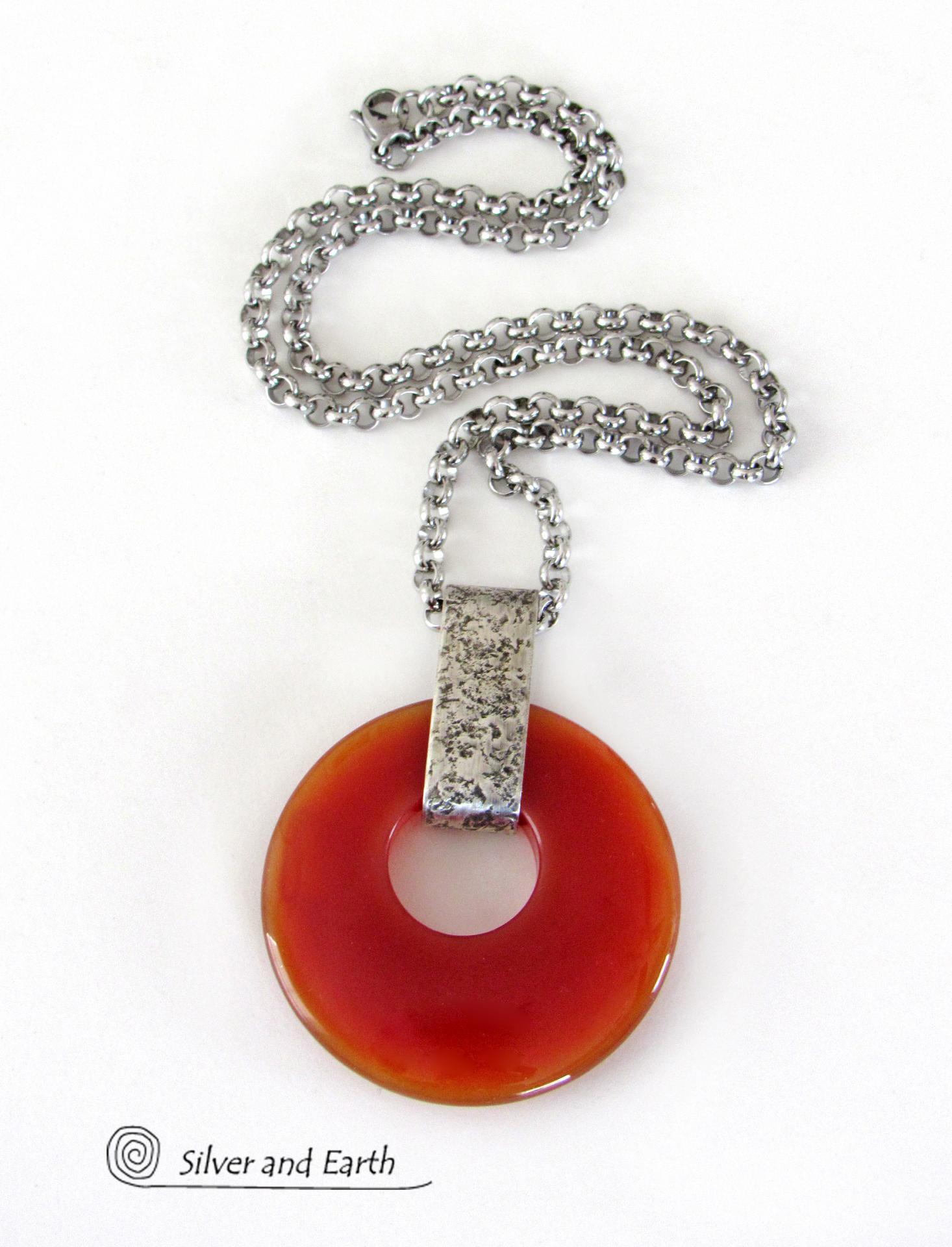 Orange Carnelian Sterling Silver Pendant Necklace - Earthy Modern Natural Gemstone Jewelry