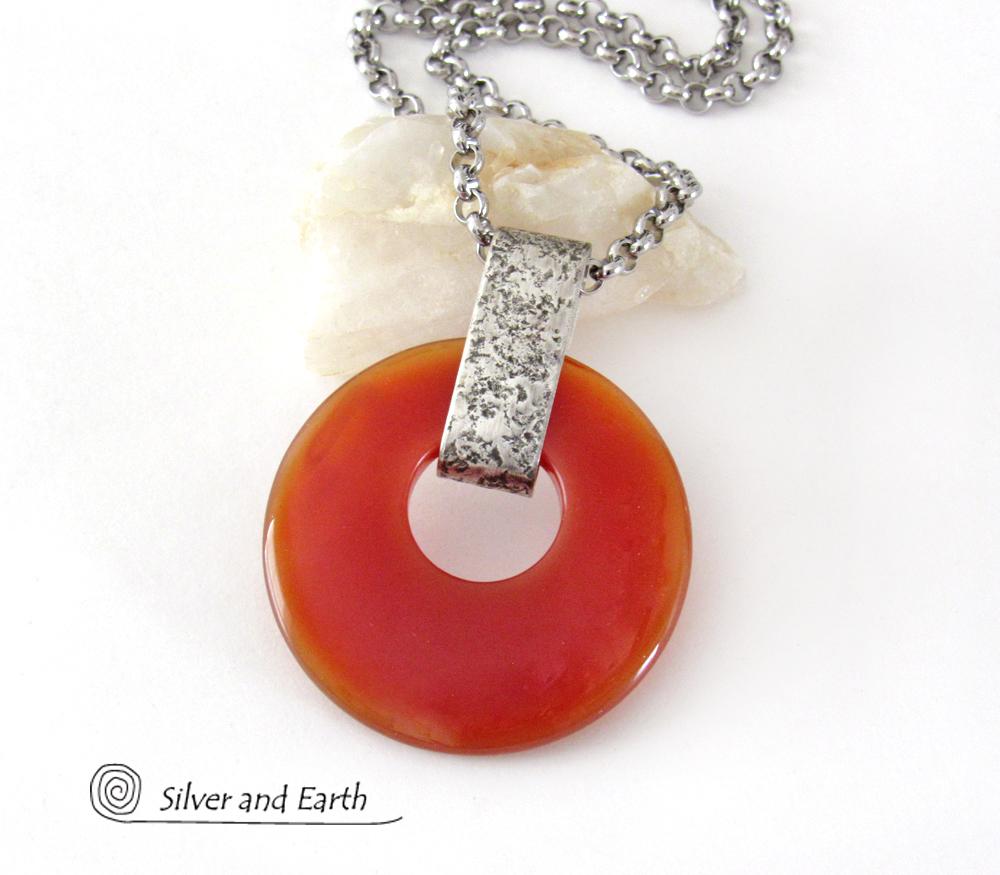 Orange Carnelian Sterling Silver Pendant Necklace - Earthy Modern Natural Gemstone Jewelry