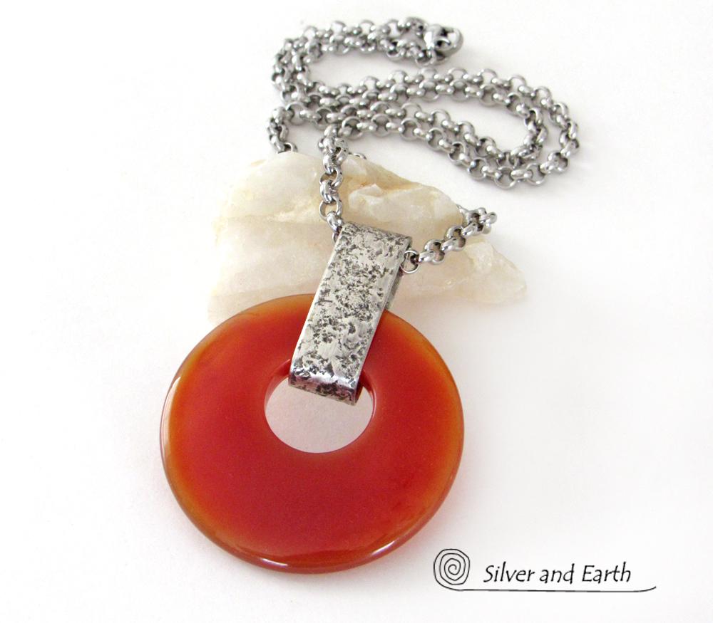 Orange Carnelian Sterling Silver Pendant Necklace - Earthy Modern Natural Gemstone Jewelry