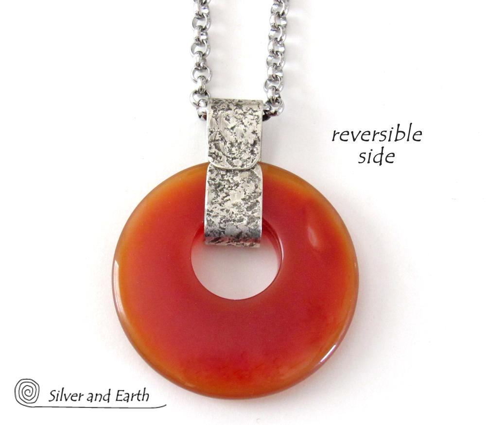 Orange Carnelian Sterling Silver Pendant Necklace - Earthy Modern Natural Gemstone Jewelry