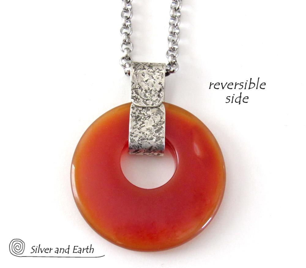 Orange Carnelian Sterling Silver Pendant Necklace -  Earthy Modern Natural Gemstone Jewelry