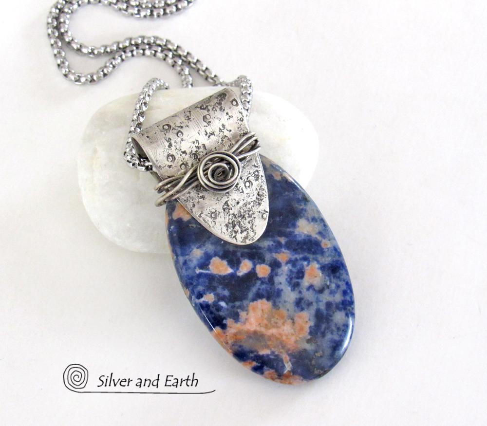 Handcrafted Sterling Silver Necklace with Orange & Blue Sodalite Gemstone - Unique One of a Kind Jewelry