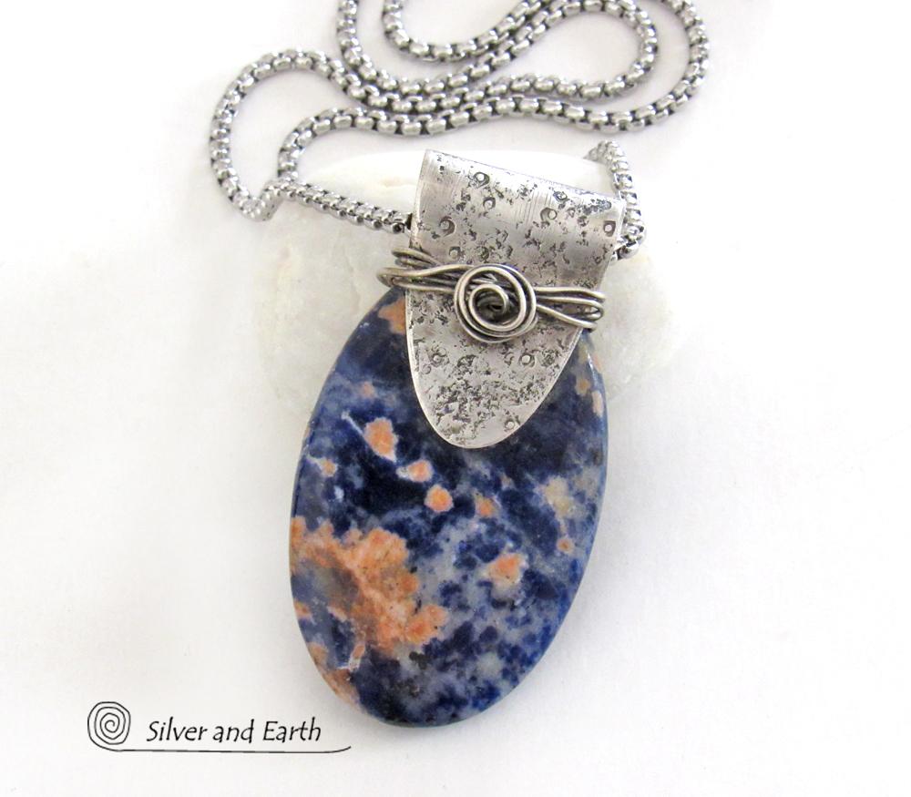 Handcrafted Sterling Silver Necklace with Orange & Blue Sodalite Gemstone - Unique One of a Kind Jewelry