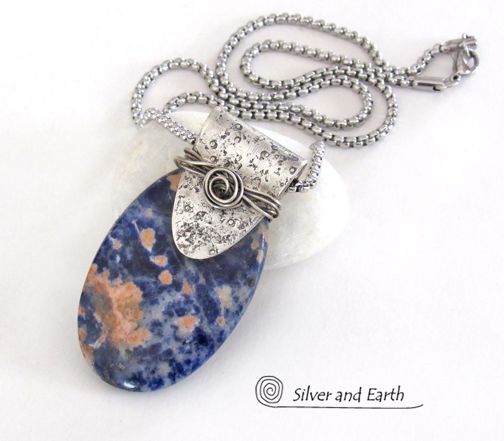 Handcrafted Sterling Silver Necklace with Orange & Blue Sodalite Gemstone - Unique One of a Kind Jewelry