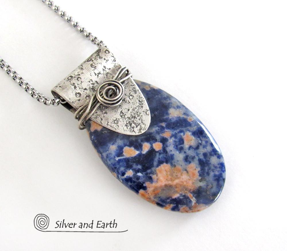 Handcrafted Sterling Silver Necklace with Orange & Blue Sodalite Gemstone - Unique One of a Kind Jewelry