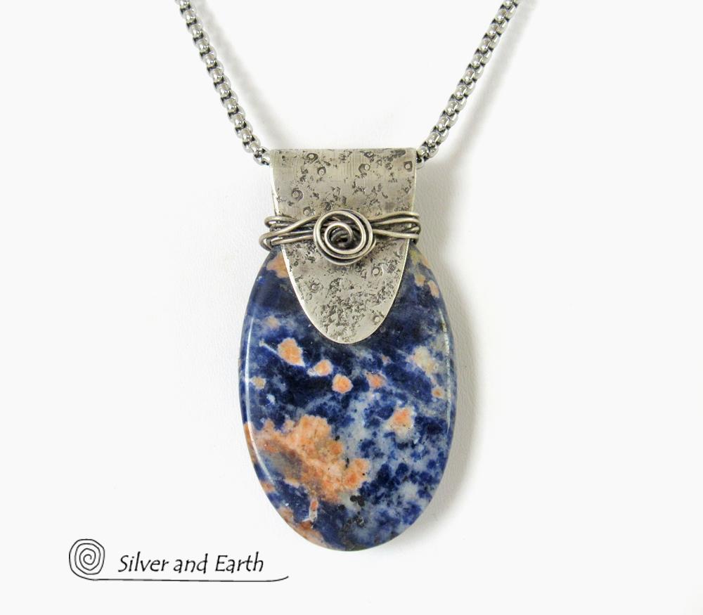 Handcrafted Sterling Silver Necklace with Orange & Blue Sodalite Gemstone - Unique One of a Kind Jewelry