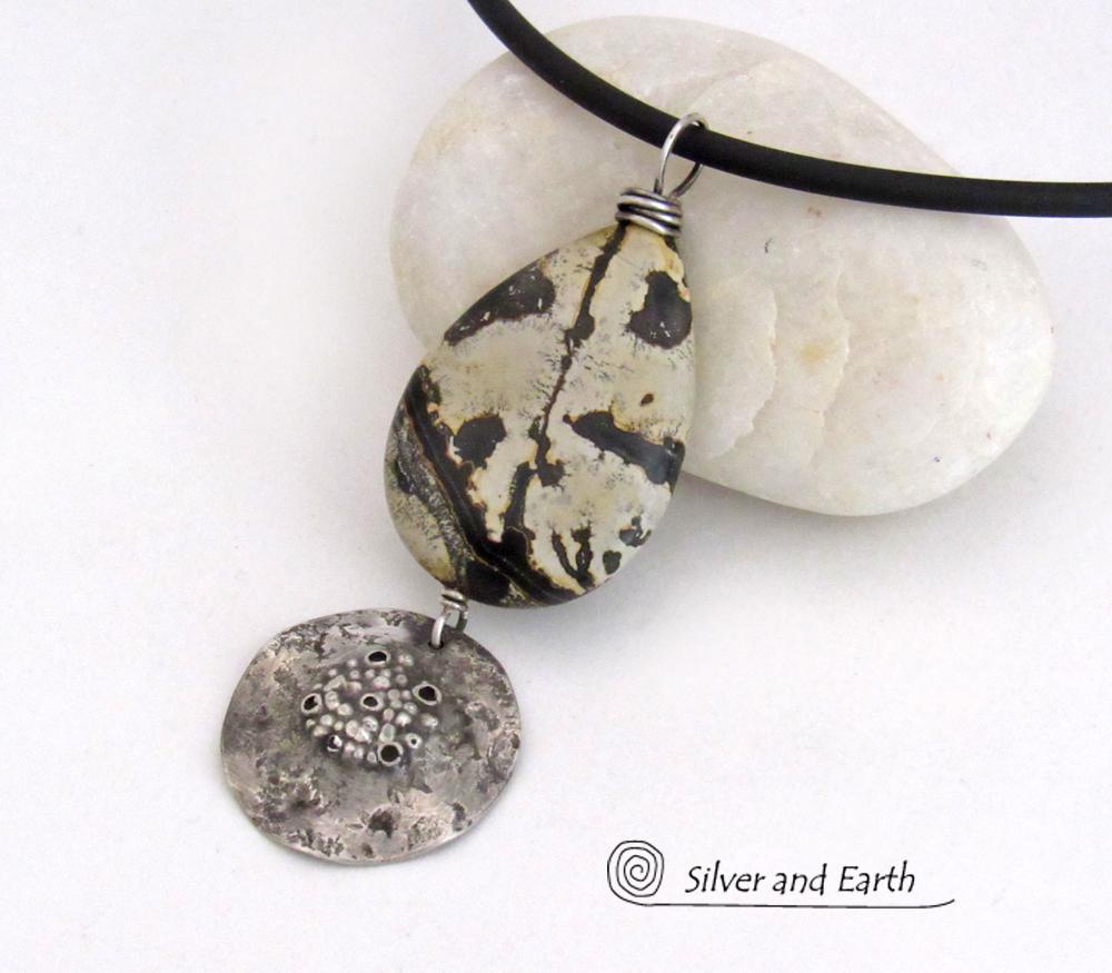 Paintbrush Jasper Stone Necklace with Rustic Hammered Sterling Silver Dangle - One of Kind Natural Stone Jewelry