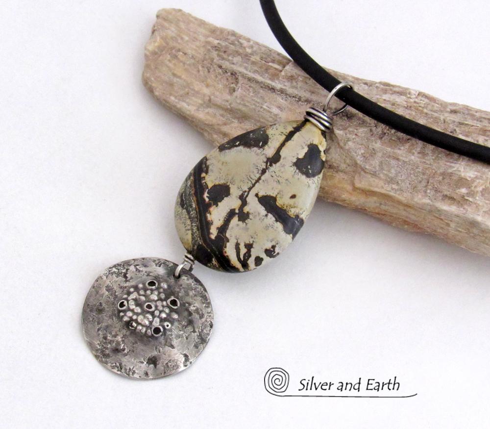 Paintbrush Jasper Stone Necklace with Rustic Hammered Sterling Silver Dangle - One of Kind Natural Stone Jewelry