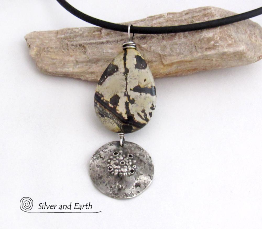 Paintbrush Jasper Stone Necklace with Rustic Hammered Sterling Silver Dangle - One of Kind Natural Stone Jewelry