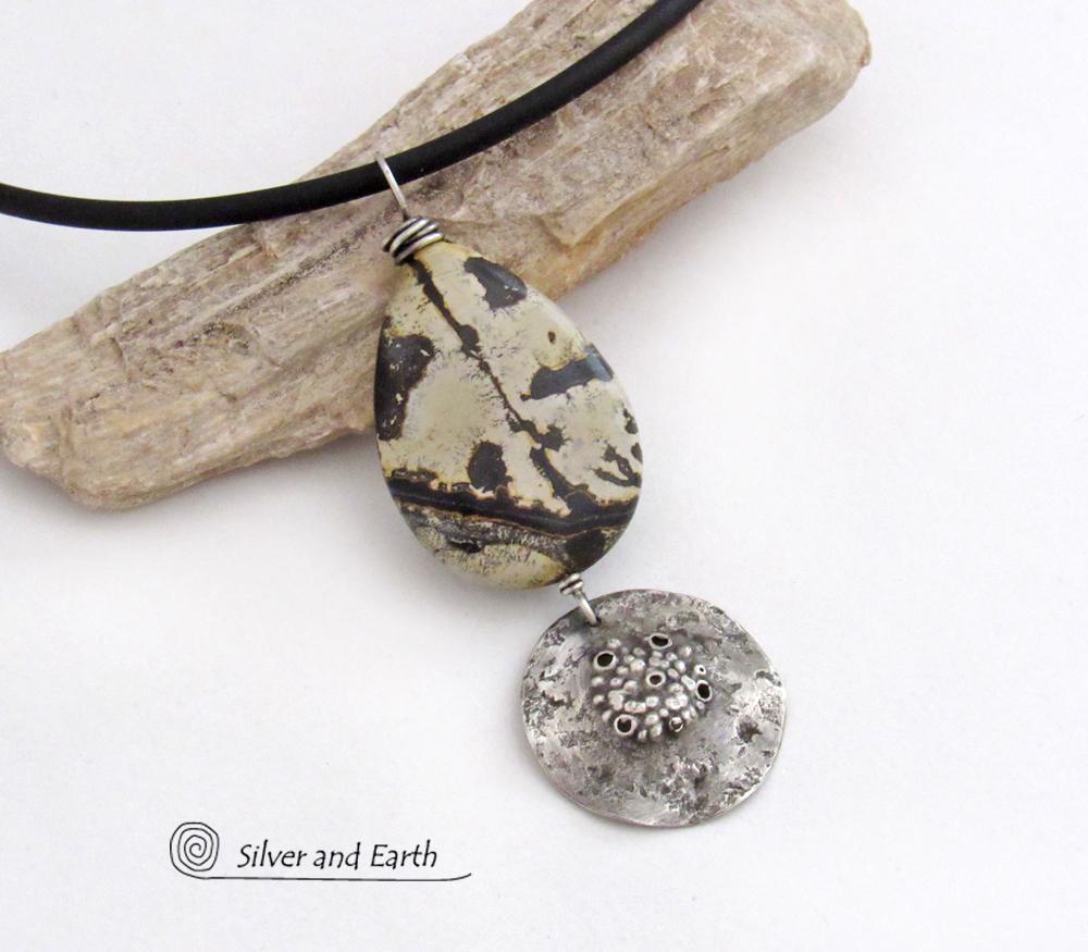 Paintbrush Jasper Stone Necklace with Rustic Hammered Sterling Silver Dangle - One of Kind Natural Stone Jewelry