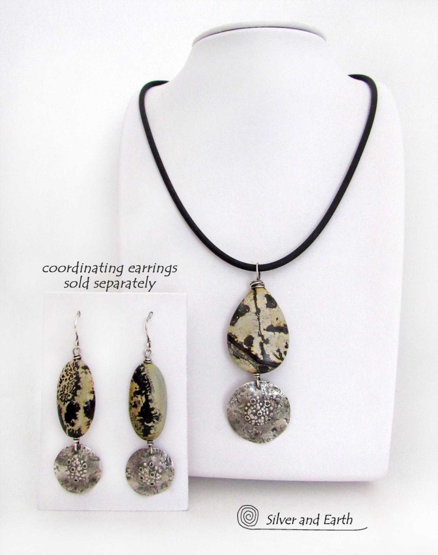 Paintbrush Jasper Stone Necklace with Rustic Hammered Sterling Silver Dangle - One of Kind Natural Stone Jewelry