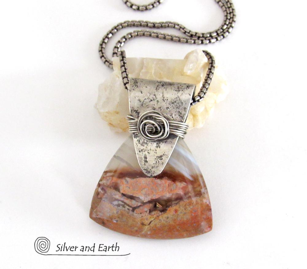 Desert Landscape Agate Sterling Silver Pendant Necklace - Handcrafted Artisan Sterling & Gemstone Jewelry