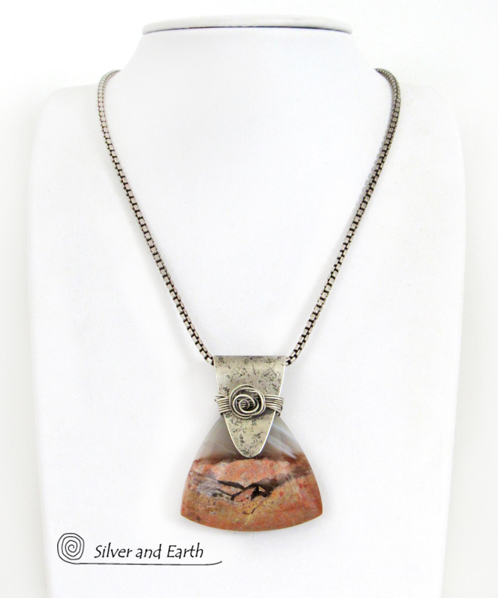 Desert Landscape Agate Sterling Silver Pendant Necklace - Handcrafted Artisan Sterling & Gemstone Jewelry