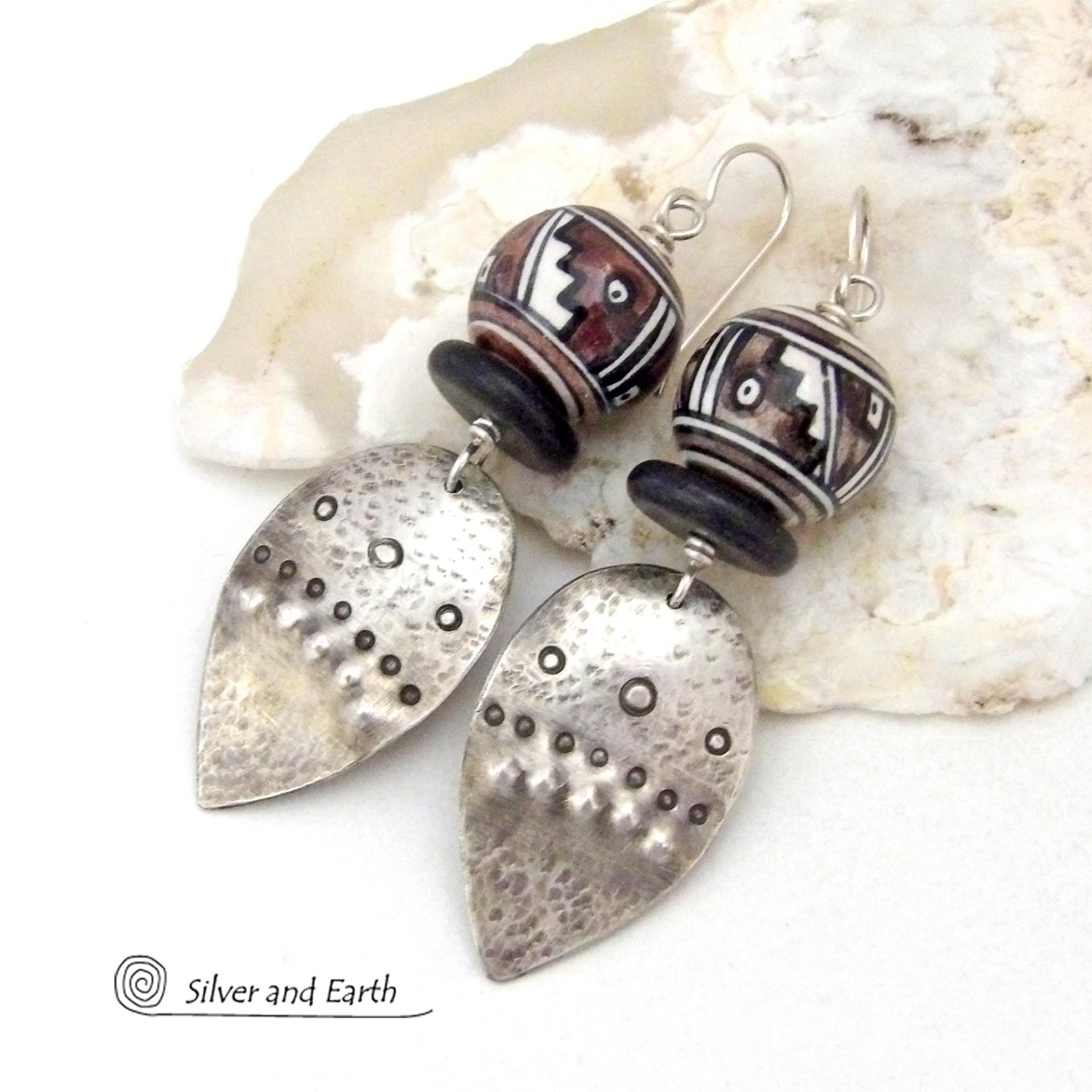 Sterling Silver Earrings with Peruvian Hand Painted Ceramic Beads - Bold Unique Ethnic Tribal Statement Jewelry