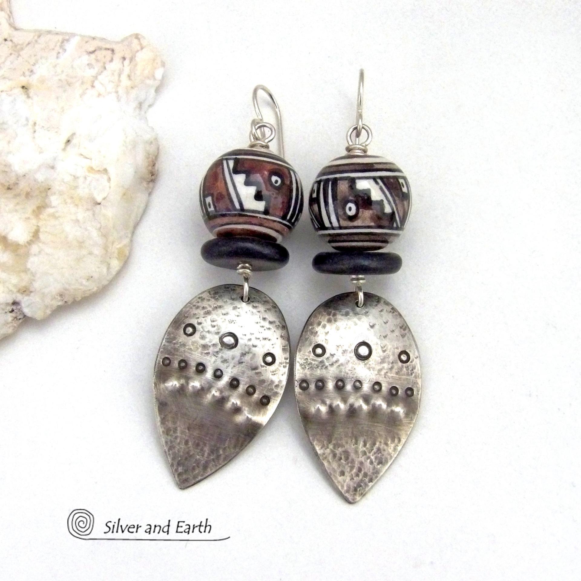 Sterling Silver Earrings with Peruvian Hand Painted Ceramic Beads - Bold Unique Ethnic Tribal Statement Jewelry