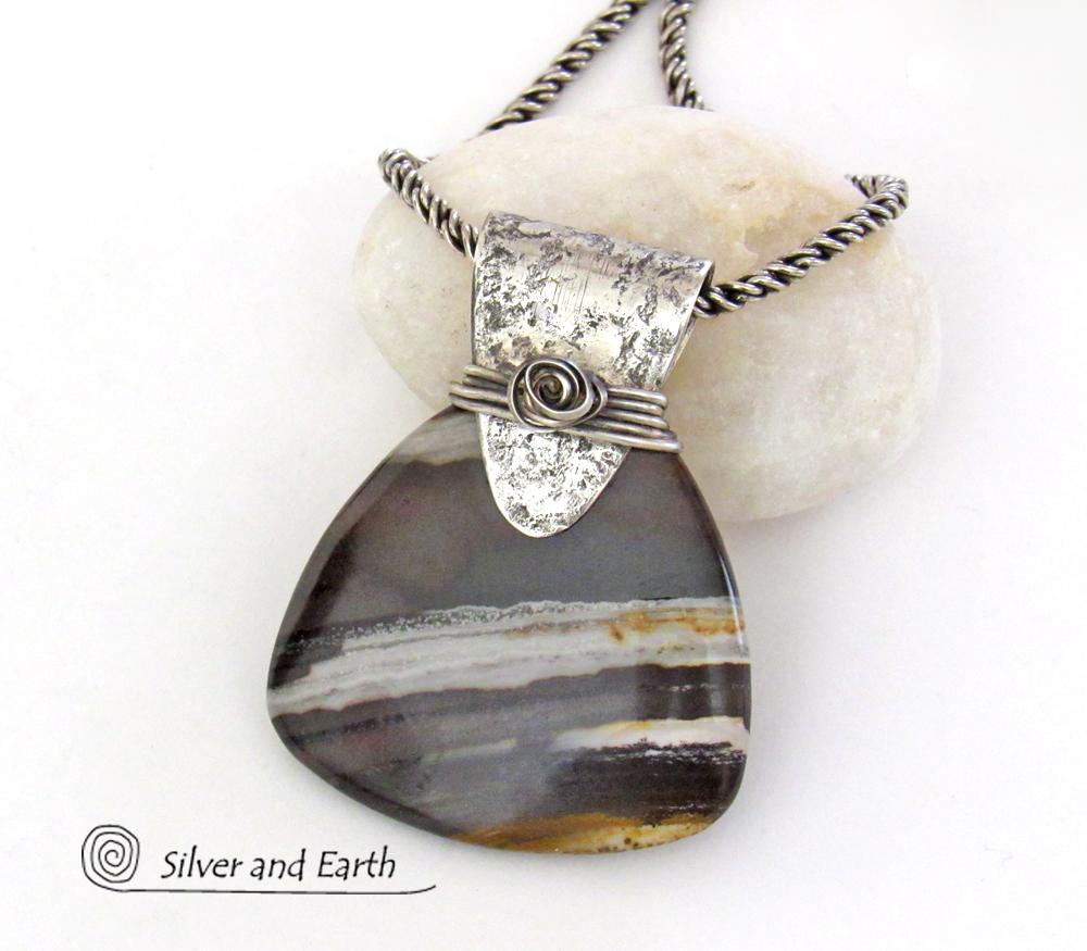 Petrified Wood Sterling Silver Necklace - Unique Organic Natural Earthy Jewelry