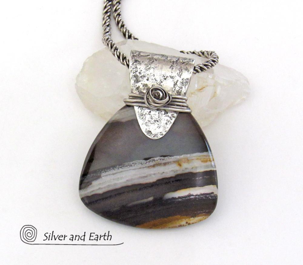 Petrified Wood Sterling Silver Necklace - Unique Organic Natural Earthy Jewelry