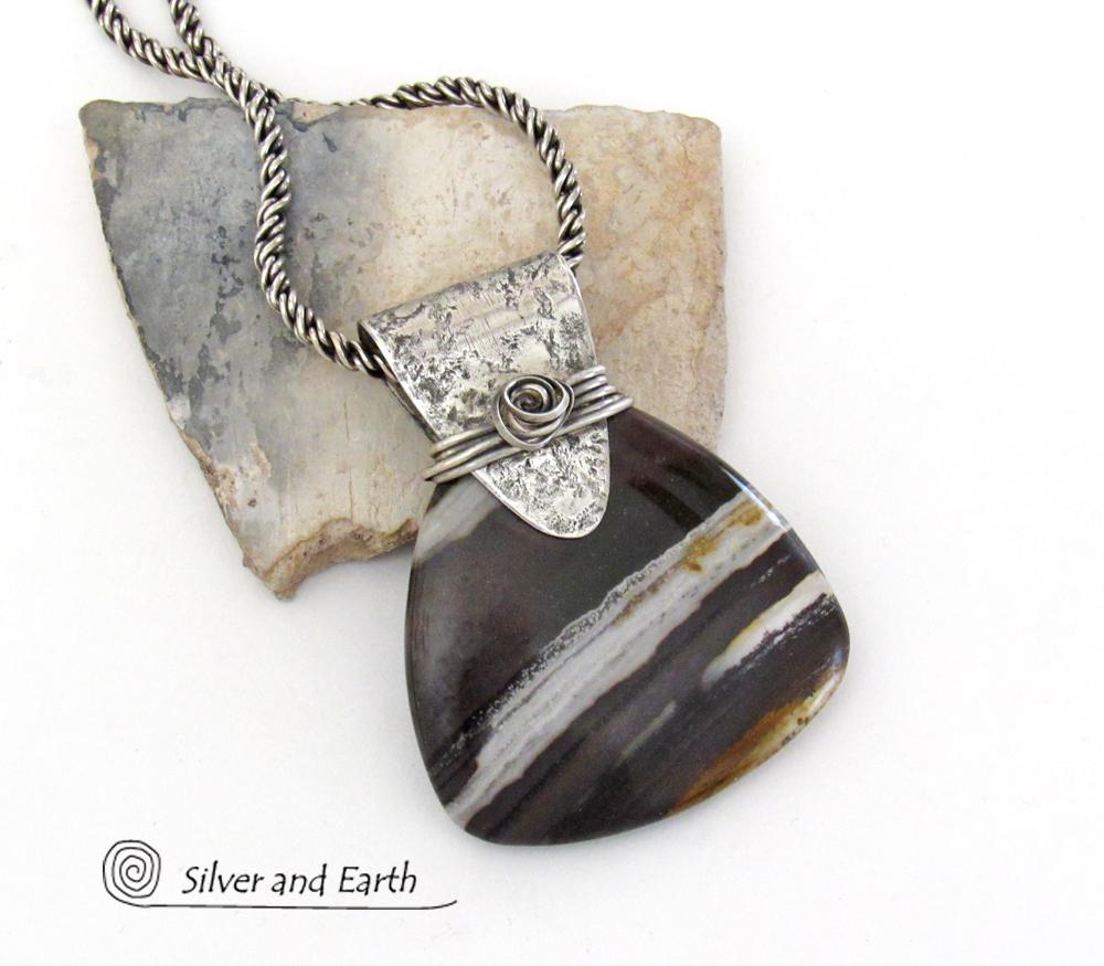 Petrified Wood Sterling Silver Necklace - Unique Organic Natural Earthy Jewelry