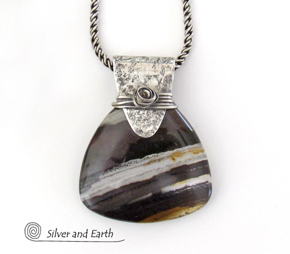 Petrified Wood Sterling Silver Necklace - Unique Organic Natural Earthy Jewelry