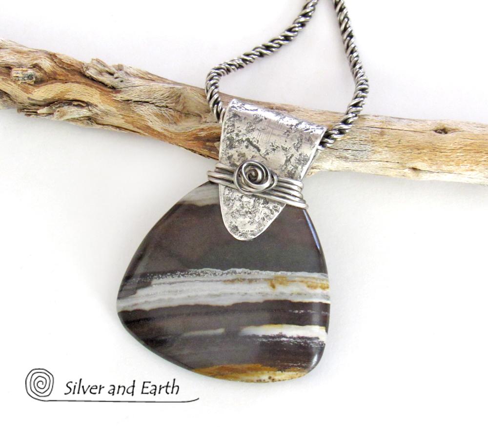 Petrified Wood Sterling Silver Necklace - Unique Organic Natural Earthy Jewelry