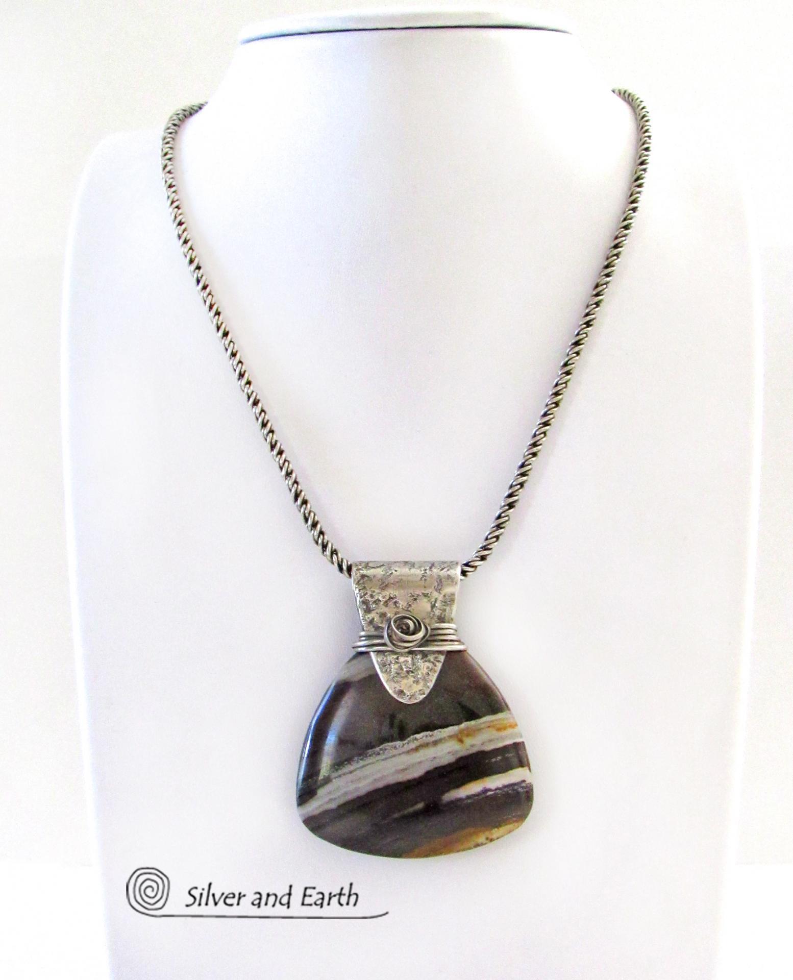 Petrified Wood Sterling Silver Necklace - Unique Organic Natural Earthy Jewelry