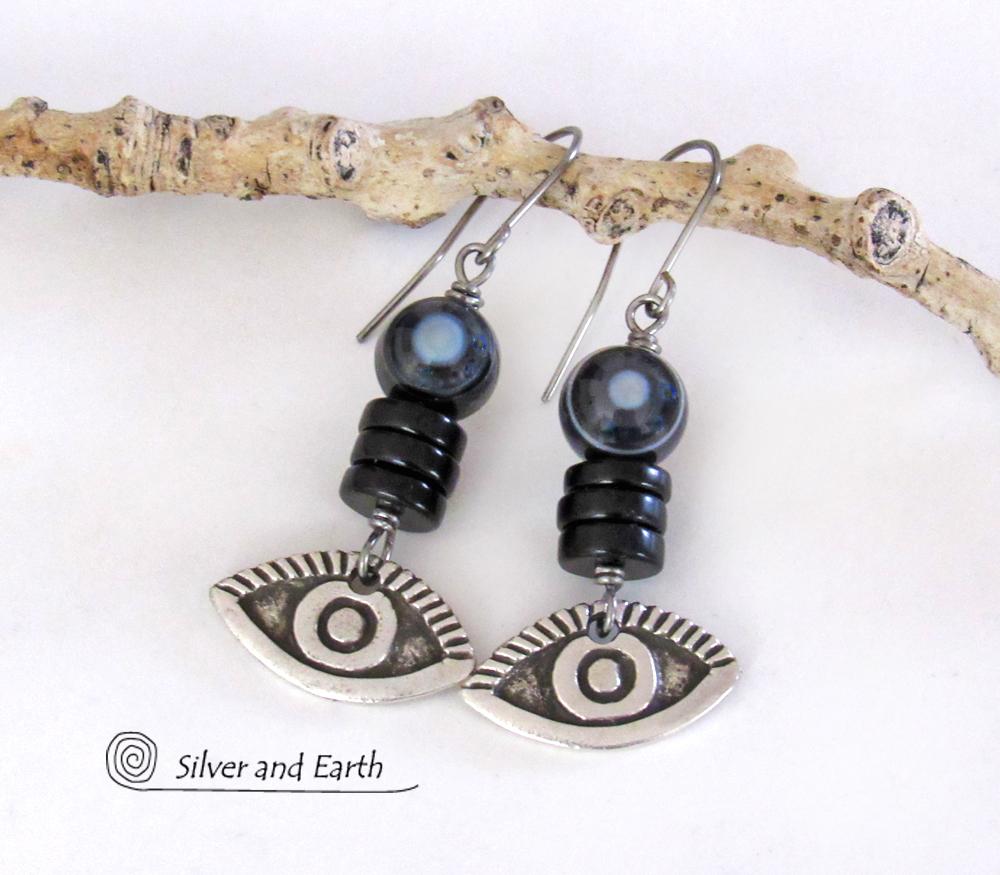 Black Eye Agate Earrings with Pewter Eye Charms - Good Luck Talisman Jewelry