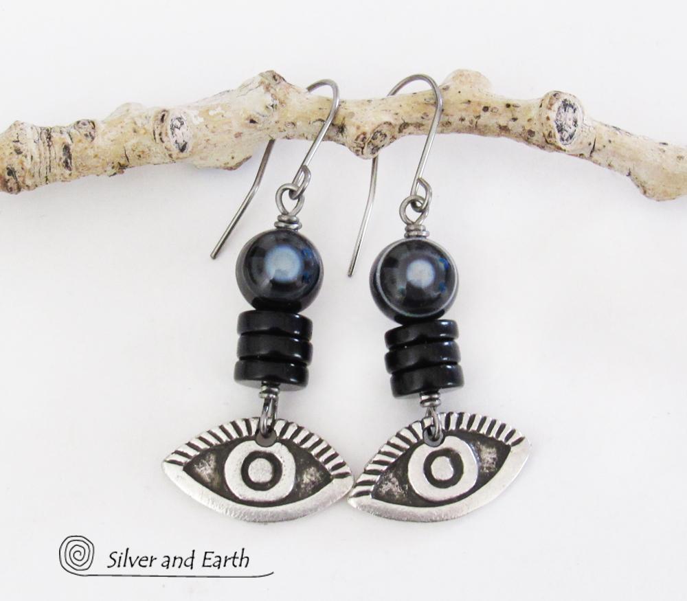 Black Eye Agate Earrings with Pewter Eye Charms - Good Luck Talisman Jewelry