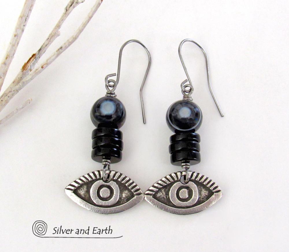 Black Eye Agate Earrings with Pewter Eye Charms - Good Luck Talisman Jewelry