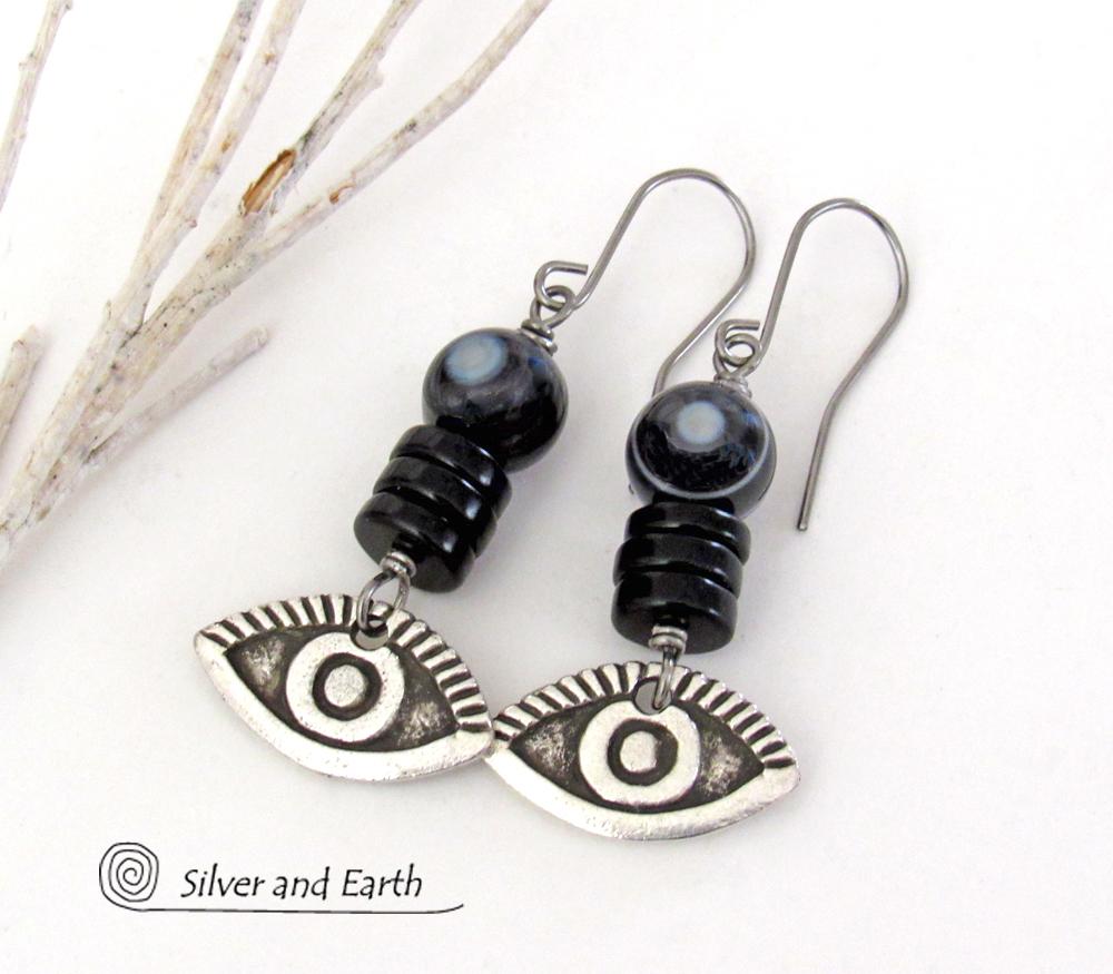 Black Eye Agate Earrings with Pewter Eye Charms - Good Luck Talisman Jewelry