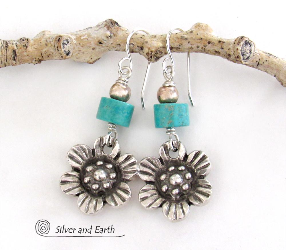 Silver Pewter Flower Earrings with Turquoise - Nature Jewelry Gifts for Her