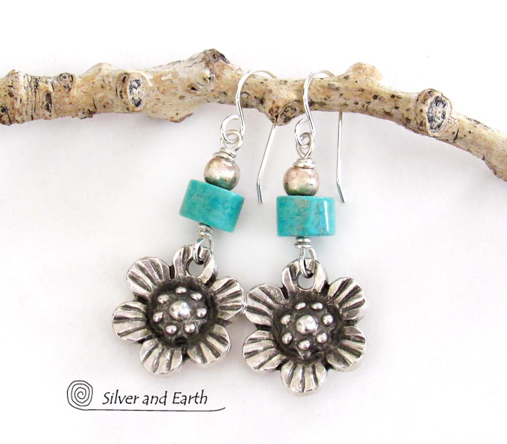 Silver Pewter Flower Earrings with Turquoise - Nature Jewelry Gifts for Her