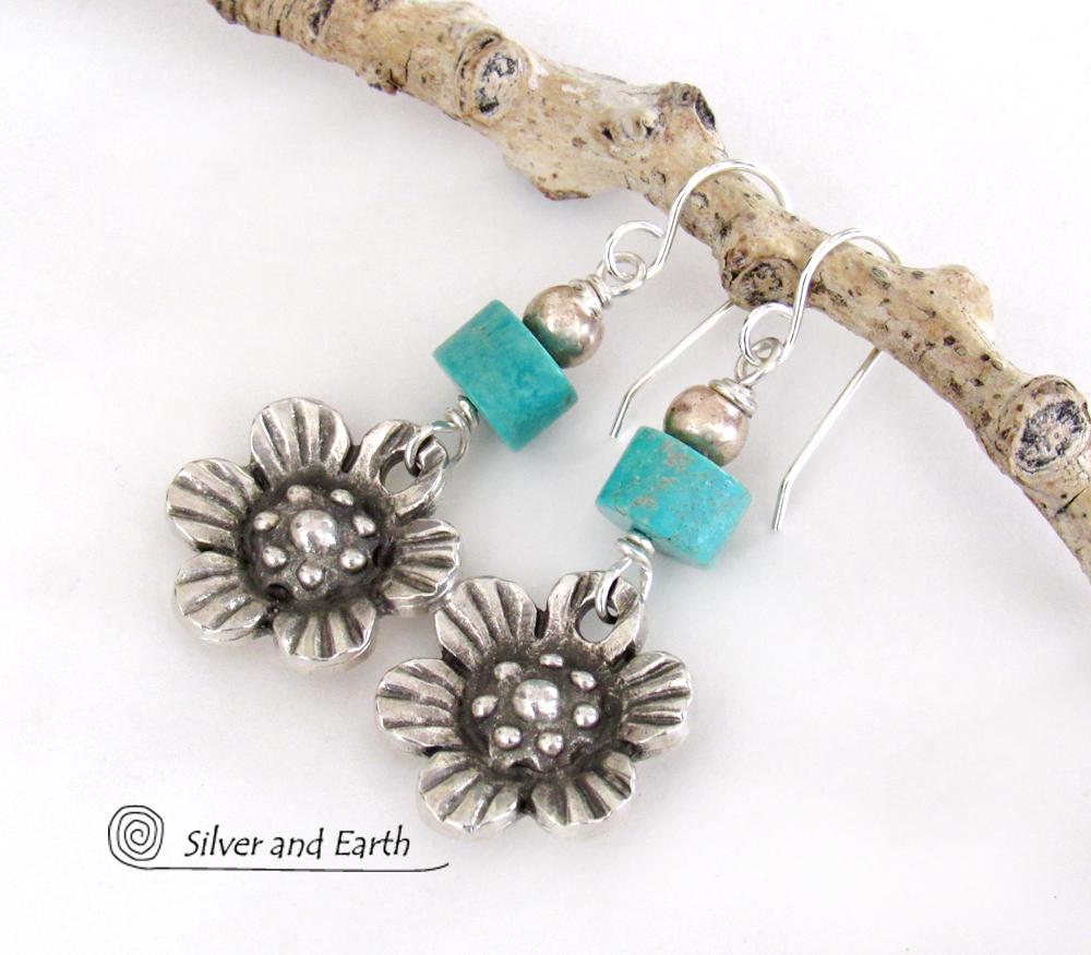 Silver Pewter Flower Earrings with Turquoise - Nature Jewelry Gifts for Her