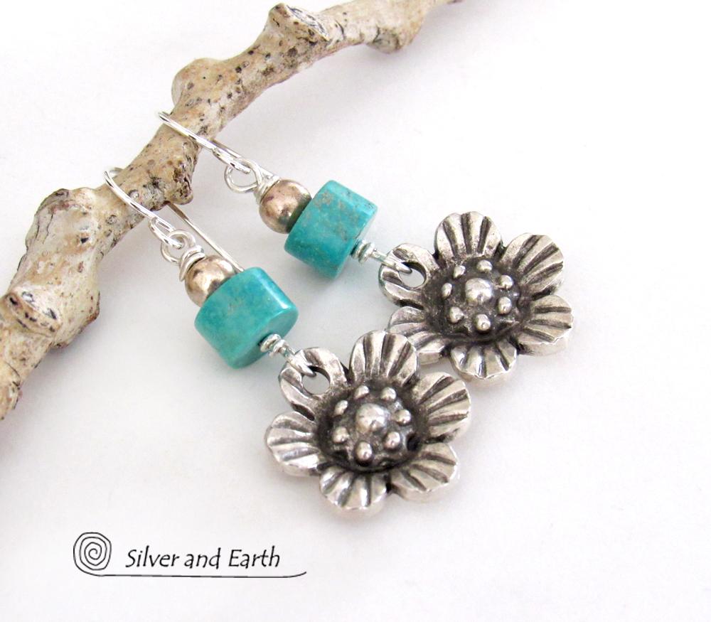 Silver Pewter Flower Earrings with Turquoise - Nature Jewelry Gifts for Her