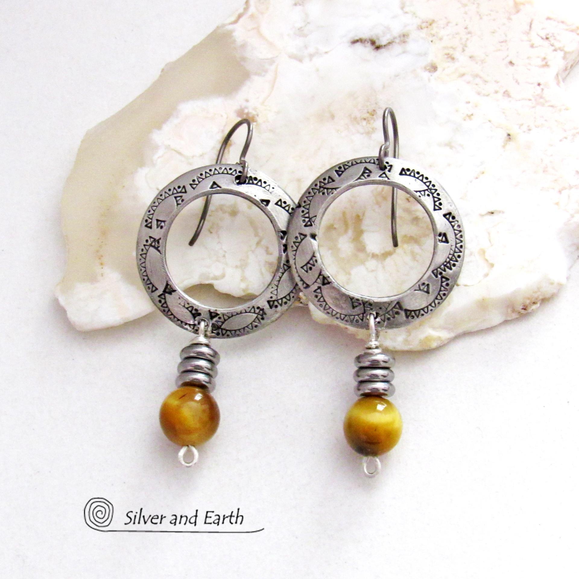 Hand Stamped Silver Pewter Circle Hoop Earrings with Golden Tiger's Eye Gemstone Dangles