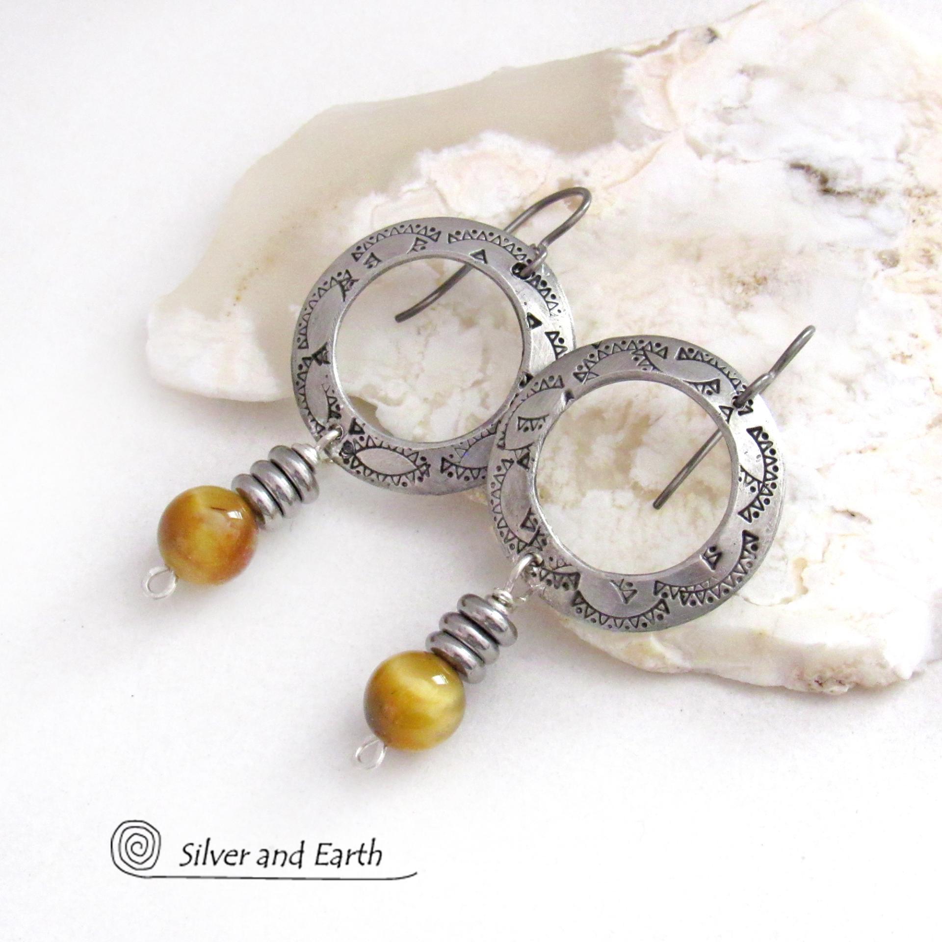 Hand Stamped Silver Pewter Circle Hoop Earrings with Golden Tiger's Eye Gemstones