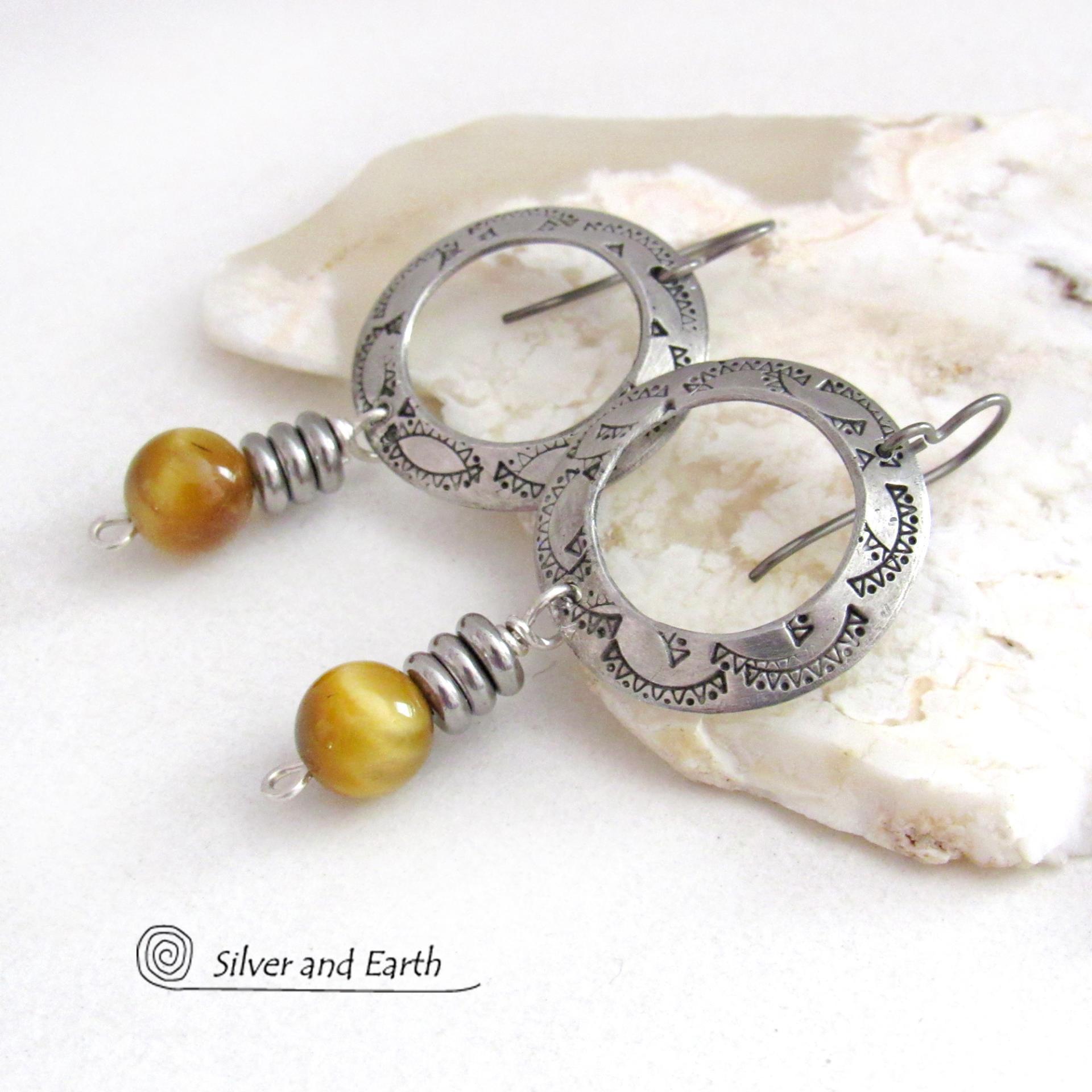 Hand Stamped Silver Pewter Circle Hoop Earrings with Golden Tiger's Eye Gemstone Dangles