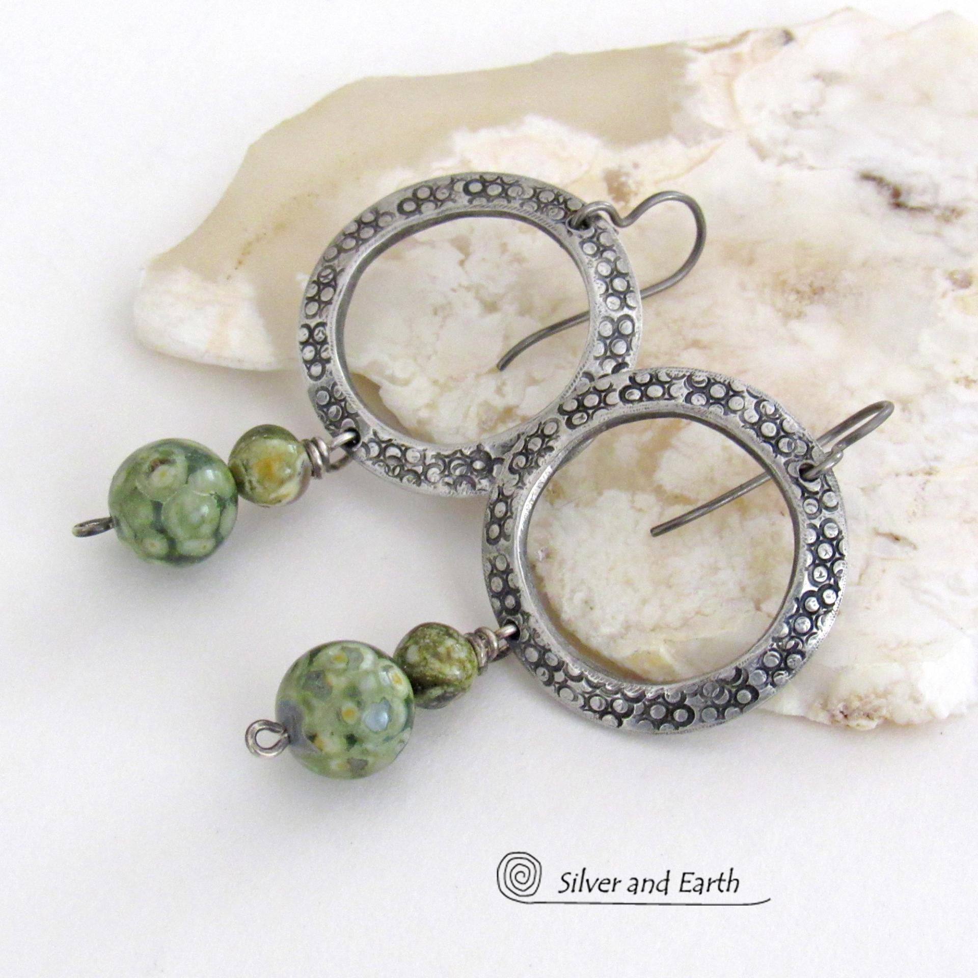 Silver Pewter Circle Hoop Earrings with Green Rainforest Jasper Stones - Modern Earthy Chic Natural Stone Jewelry