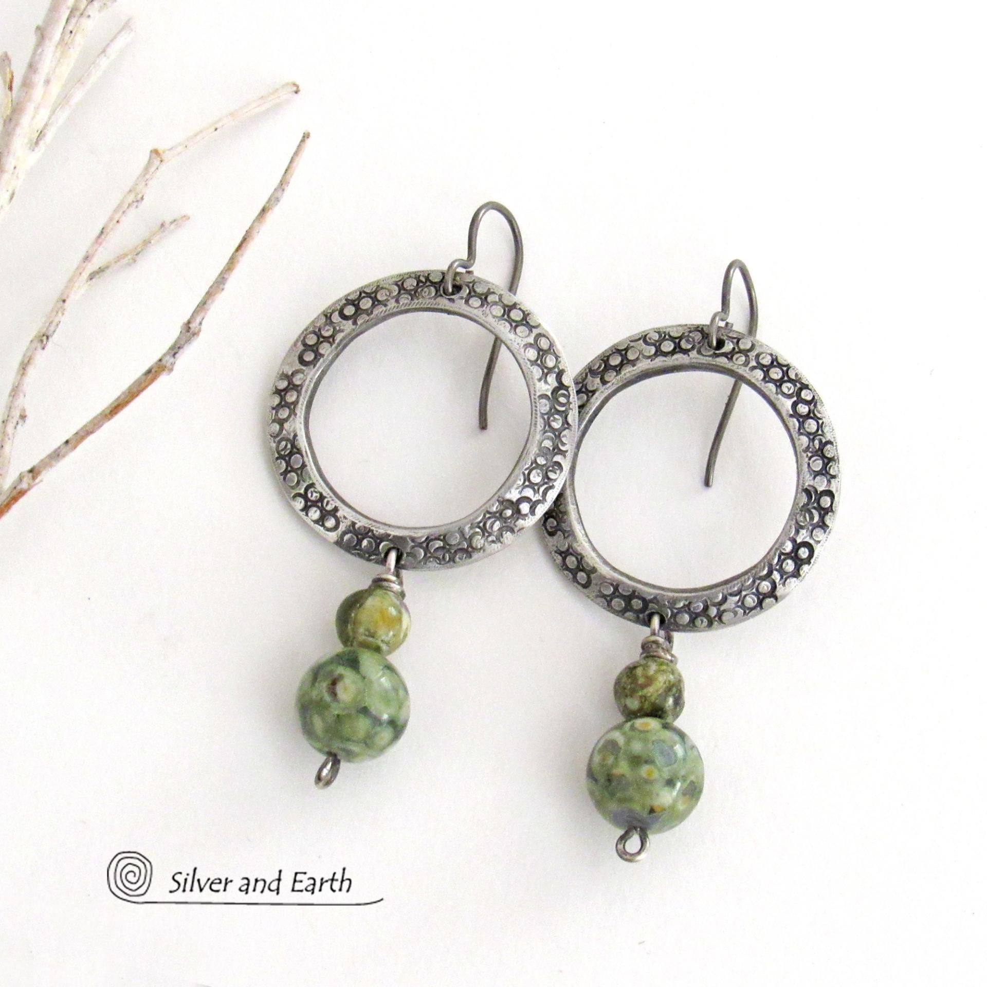 Silver Pewter Circle Hoop Earrings with Green Rainforest Jasper Stones - Modern Earthy Chic Natural Stone Jewelry