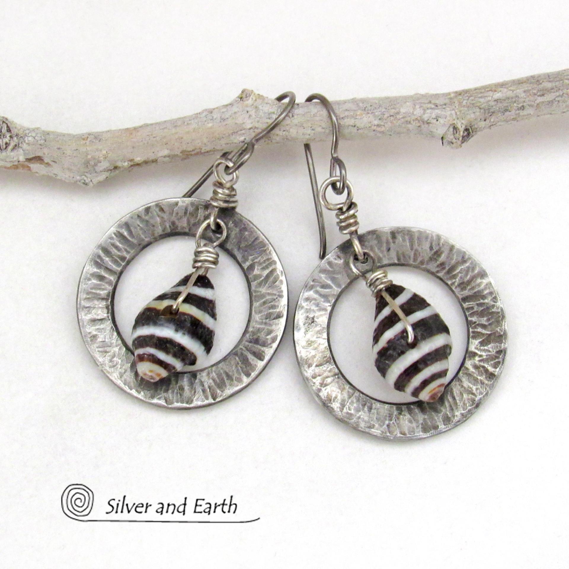 Silver Pewter Circle Hoop Earrings with Black and White Seashells - Artisan Handmade Earthy Natural Sea Shell Jewelry